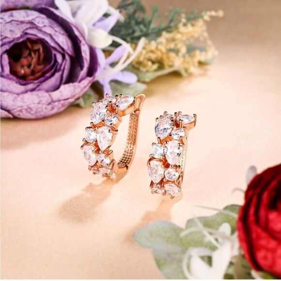 Rose Gold with White Diamond Cubic Zirconia French Clip Post Flower Earrings - Picture 3 of 5